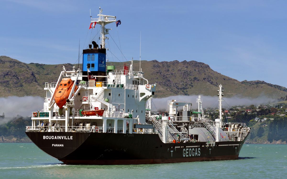 An LPG carrier with its cargo tanks visible on deck